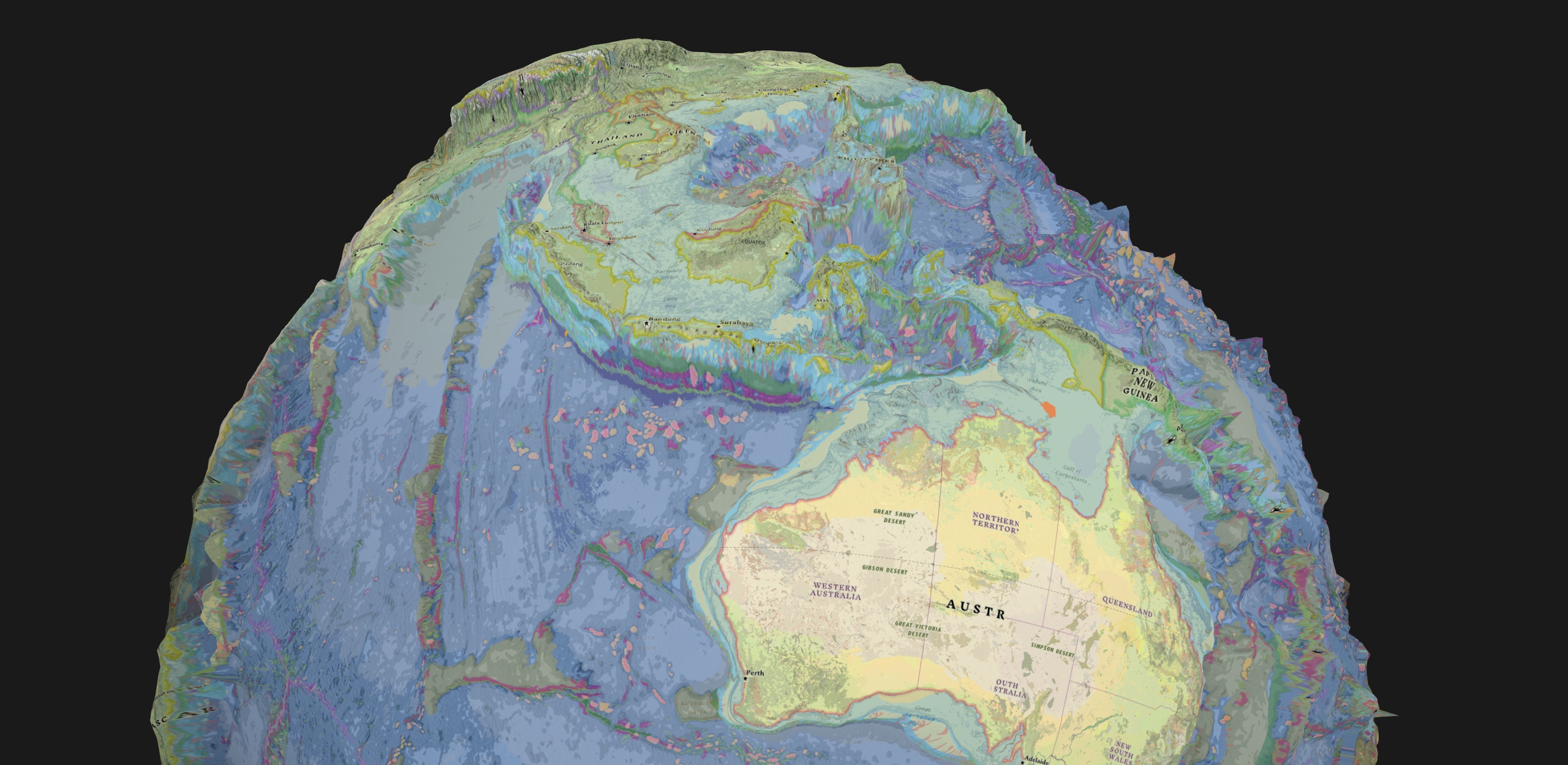 Screenshot created from app of elevation exaggeration with geomorphology layer